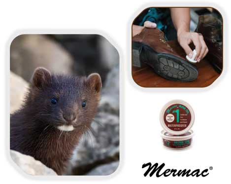 images of a mink, mink oil treatment for a leather boot and the mink oil product container.